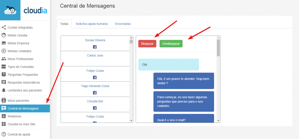 Menu “Perguntas Frequentes” - Cloudia - Chatbot para clínicas com