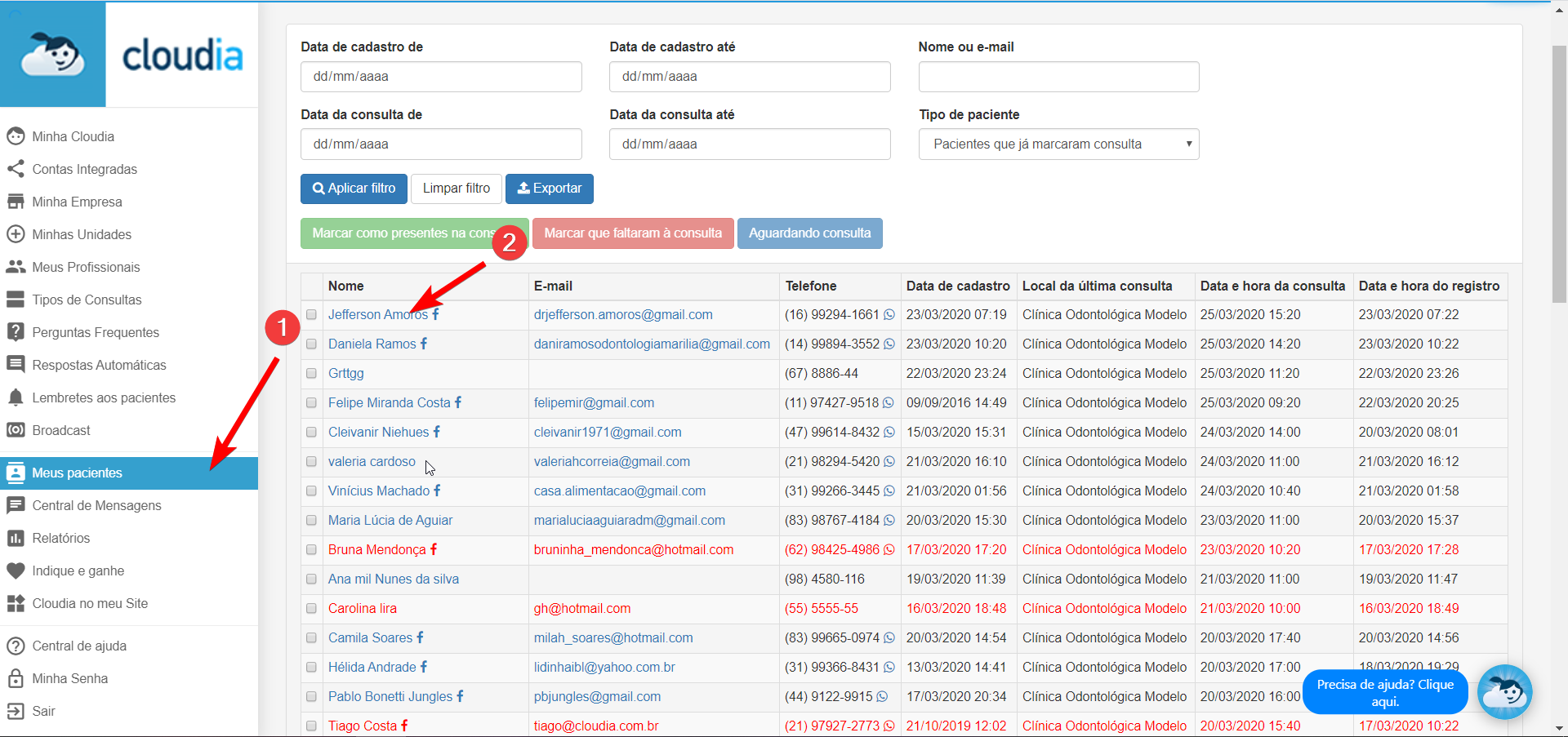 Menu “Perguntas Frequentes” - Cloudia - Chatbot para clínicas com