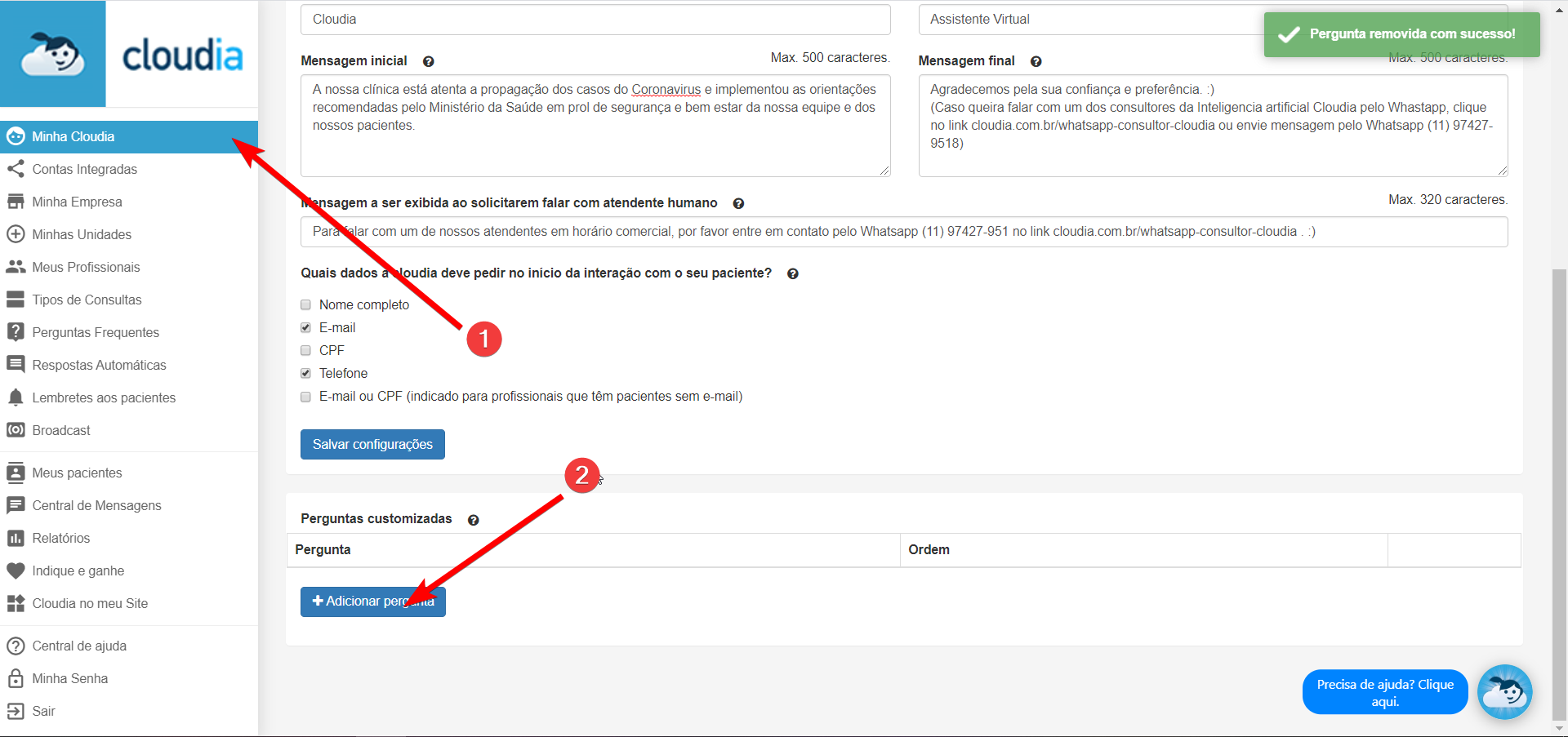 Menu “Perguntas Frequentes” - Cloudia - Chatbot para clínicas modernas