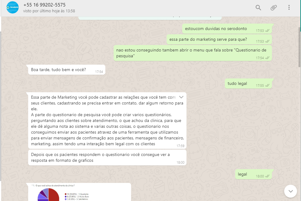 Print de uma conversa no WhatsApp com o sistema Serodonto software odontológico