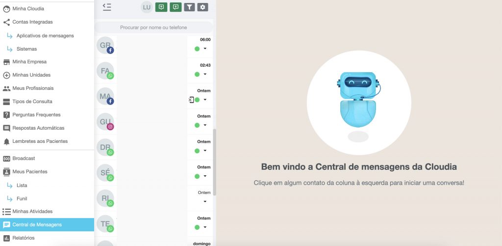 Menu “Perguntas Frequentes” - Cloudia - Chatbot para clínicas com