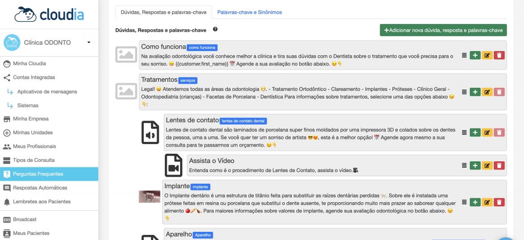 Menu “Perguntas Frequentes” - Cloudia - Chatbot para clínicas com