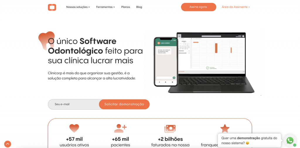página inicial do site clinicorp ssoftware odontológico