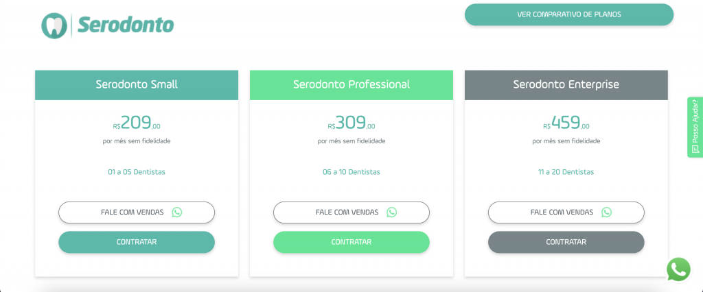Página de planos e preços do Serodonto software odontológico