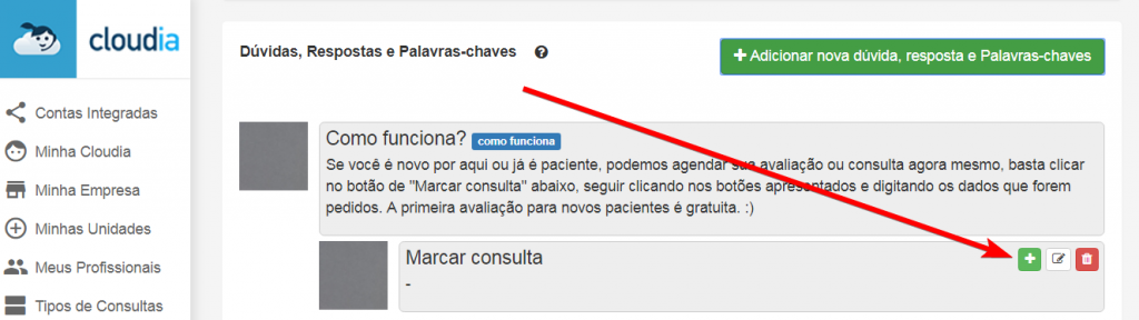 Menu “Perguntas Frequentes” - Cloudia - Chatbot para clínicas com