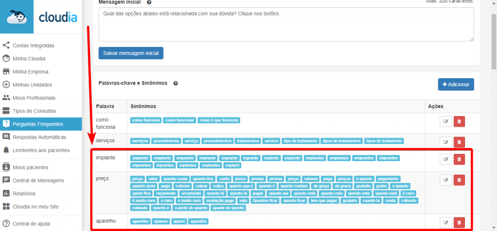 Menu “Perguntas Frequentes” - Cloudia - Chatbot para clínicas modernas