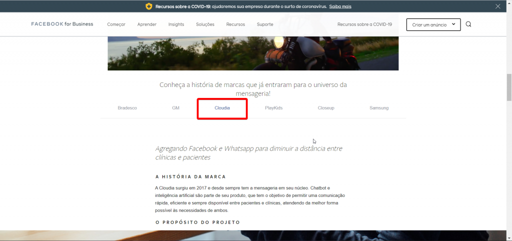 Case Cloudia ao lado de samsung, GM e Bradesco no site oficial do Facebook Brasil