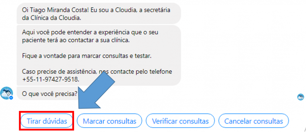 Menu “Perguntas Frequentes” - Cloudia - Chatbot para clínicas modernas